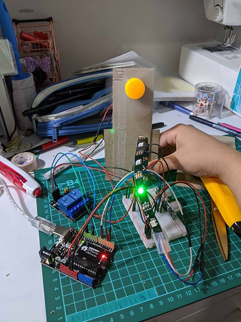 mini prototype with arduino beginner kit fan, motor, relay and neopixel lightstrip.