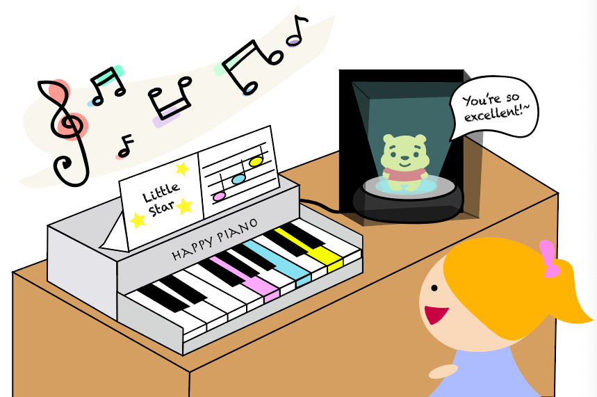 Illustration of table with a piano, small child and holographic projection of Winnie the Pooh.