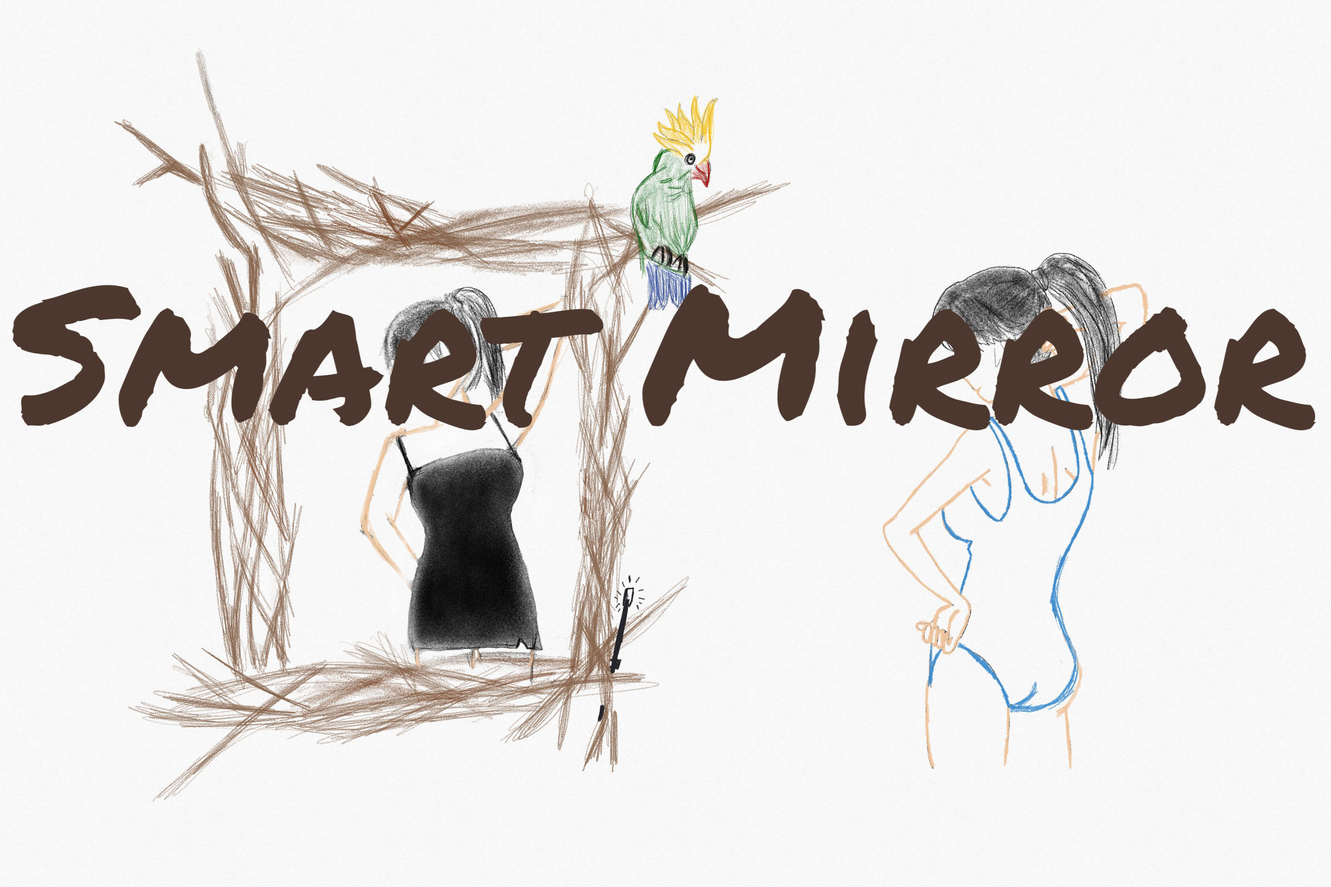 Image of woman looking into a mirror with a cockatoo perched on top. Overlaid with text Smart Mirror.