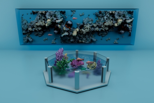 Model of low table with aquarium and projection wall behind it displaying coral reef