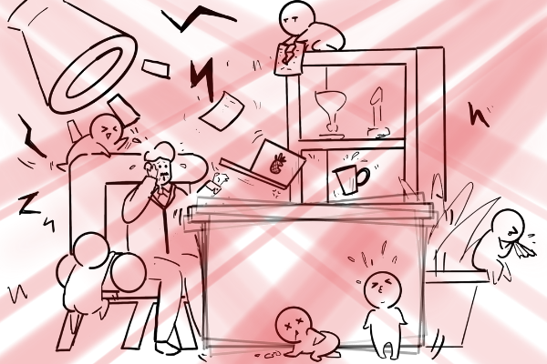 Illustration depicting an office desk with employer on the phone. A loudspeaker is yelling and small toys are harassing the employer.