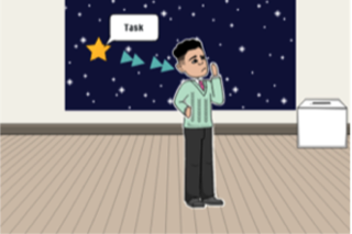 Illustration of man standing in front of a galaxy image, speech bubble with the text "Task" is coming from a star on image.