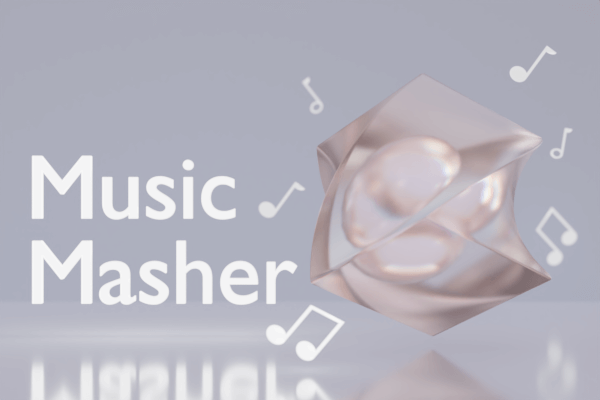 Image showing a translucent cube, musical notes and the text Music Masher